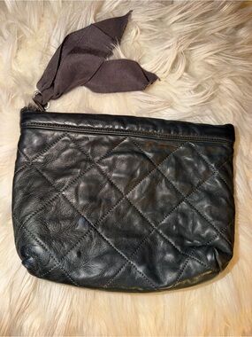 Lanvin Black Quilted Leather Wristlet with Fabric Tie